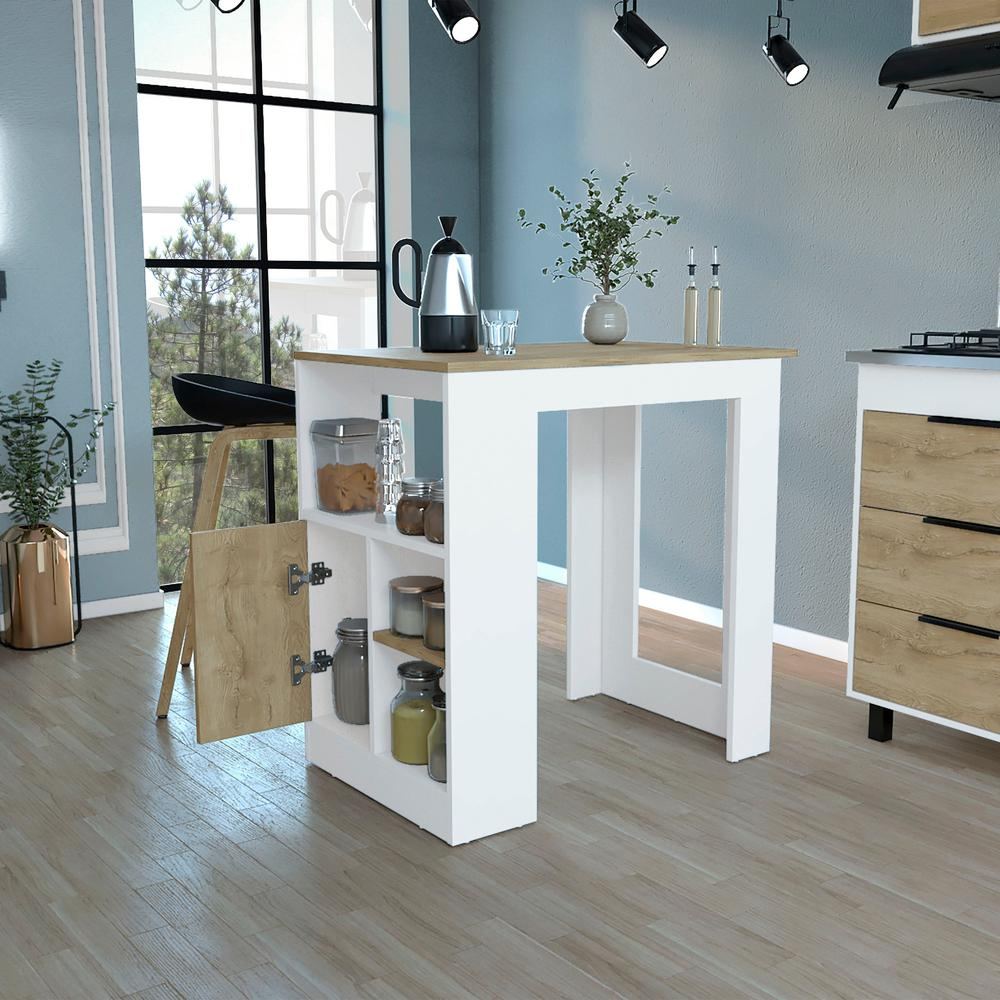 Masset Kitchen Island with Side Shelves and Cabinet, White / Macadamia