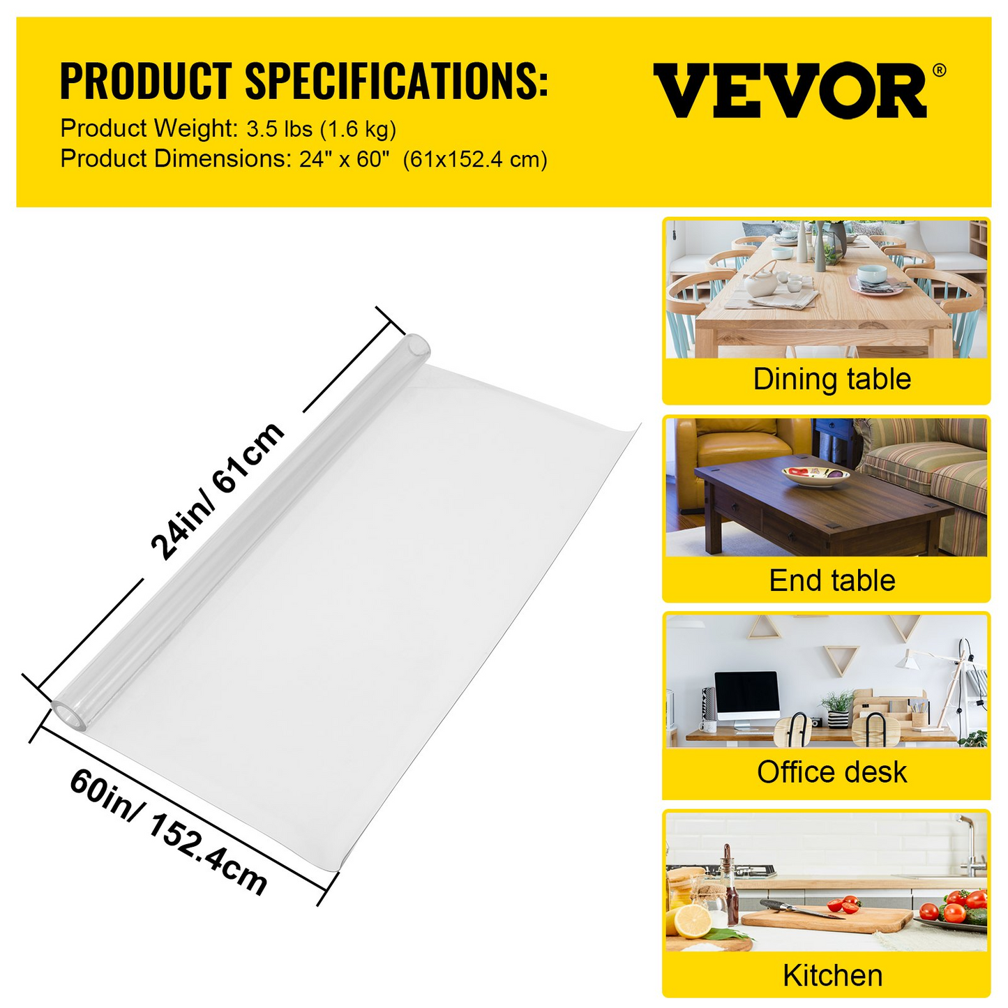 Plastic Table Cover 24 x 60 Inch, 1.5 mm Thick Clear Table Protector, Rectangle Clear Desk Mat, Waterproof & Easy Cleaning for Office Dresser Night Stand