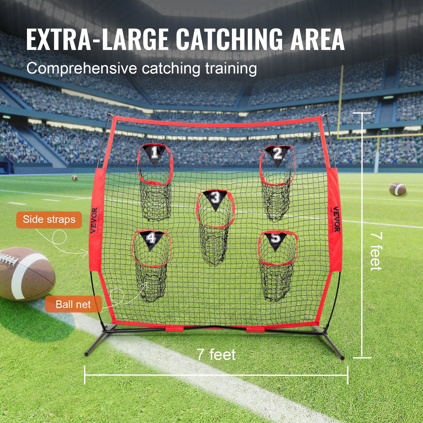 7 x 7 ft Football Trainer Throwing Net, Training Throwing Target Practice Net with 5 Target Pockets, Knotless Net Includes Bow Frame and Portable Carry Case, Improve QB Throwing Accuracy, Red