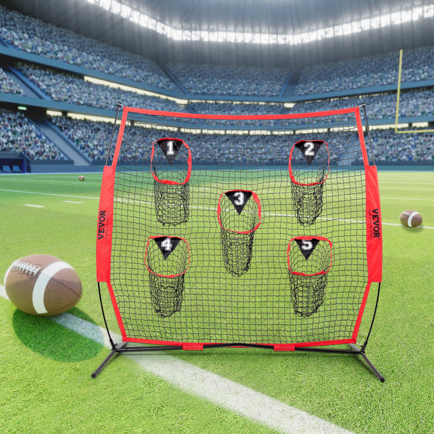 7 x 7 ft Football Trainer Throwing Net, Training Throwing Target Practice Net with 5 Target Pockets, Knotless Net Includes Bow Frame and Portable Carry Case, Improve QB Throwing Accuracy, Red