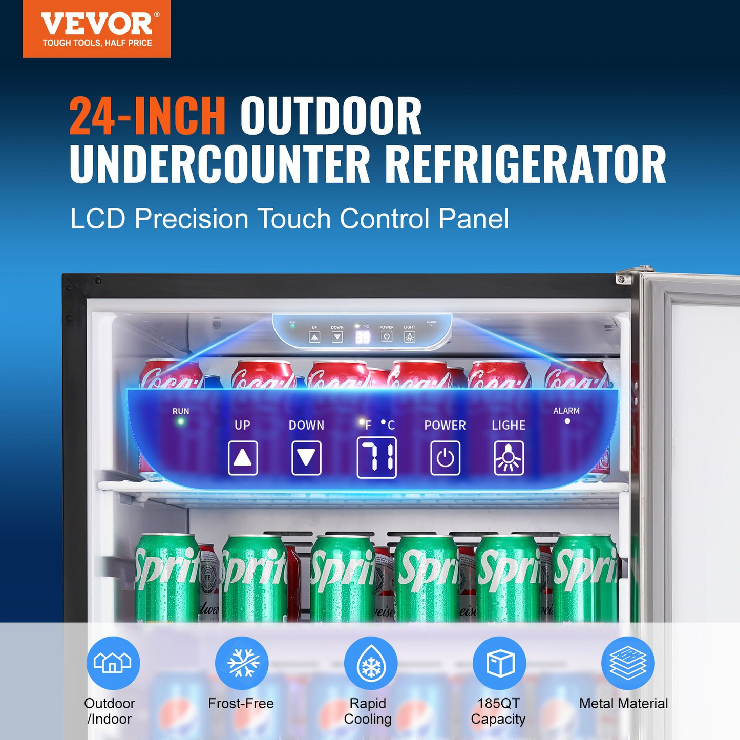 24 inch Indoor/Outdoor Beverage Refrigerator, 185QT Undercounter or Freestanding Beverage Fridge, 175 Cans Built-in Beer Fridge with Metal Plate Body for Residential Home Bar Commercial Use