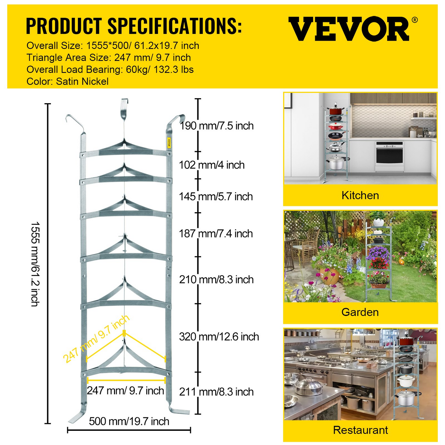 VEVOR 6-Tier Cookware Stand, Carbon Steel Multi-Layer Pot Rack, 61-inch Cookware Shelf, Satin Nickel Cookware Storage Tower, Unassembled Kitchen Corner Shelf Rack for Pans, Pots, and Baskets Storage