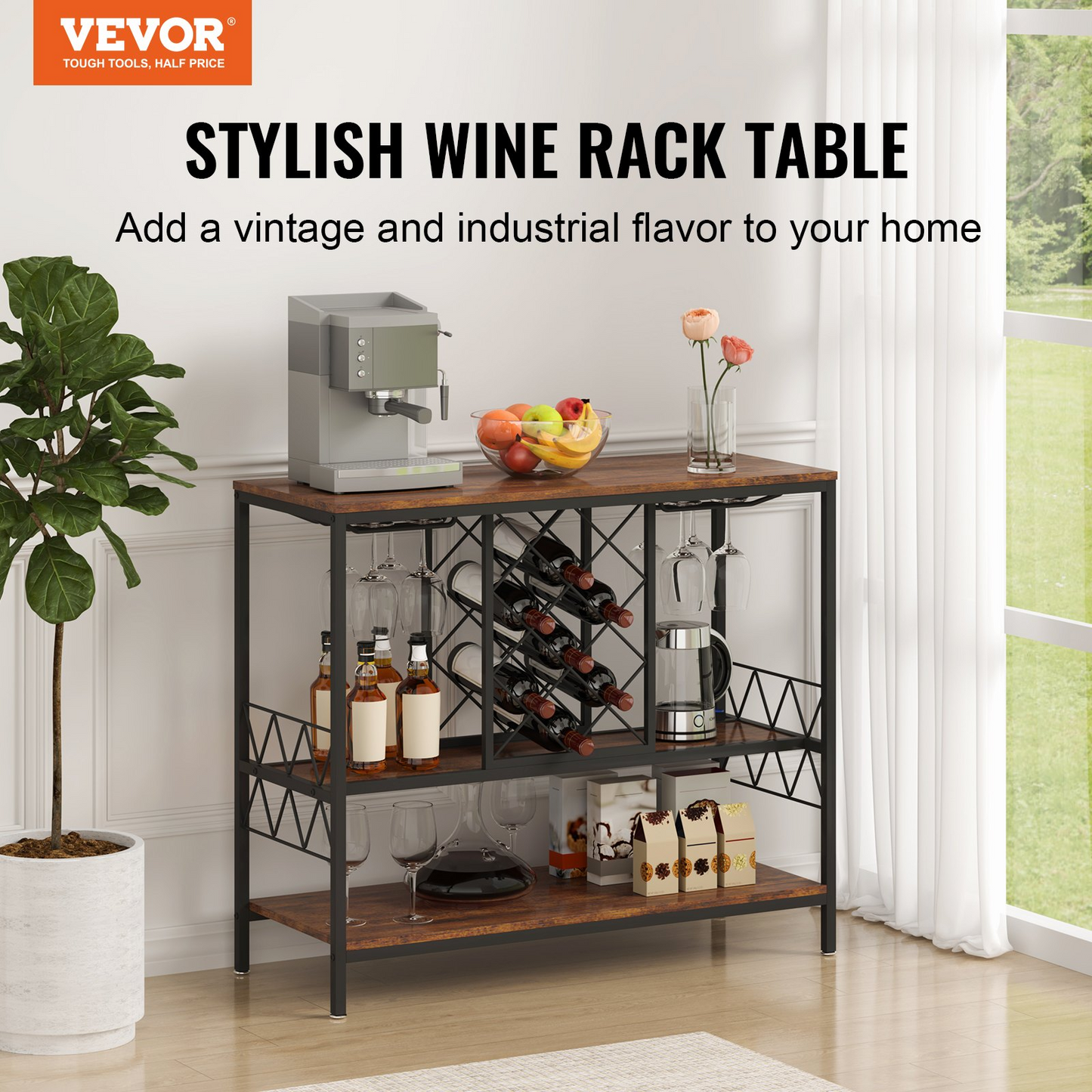 Industrial Bar Cabinet Wine Bar Home Table with Wine Rack & Glass Holder