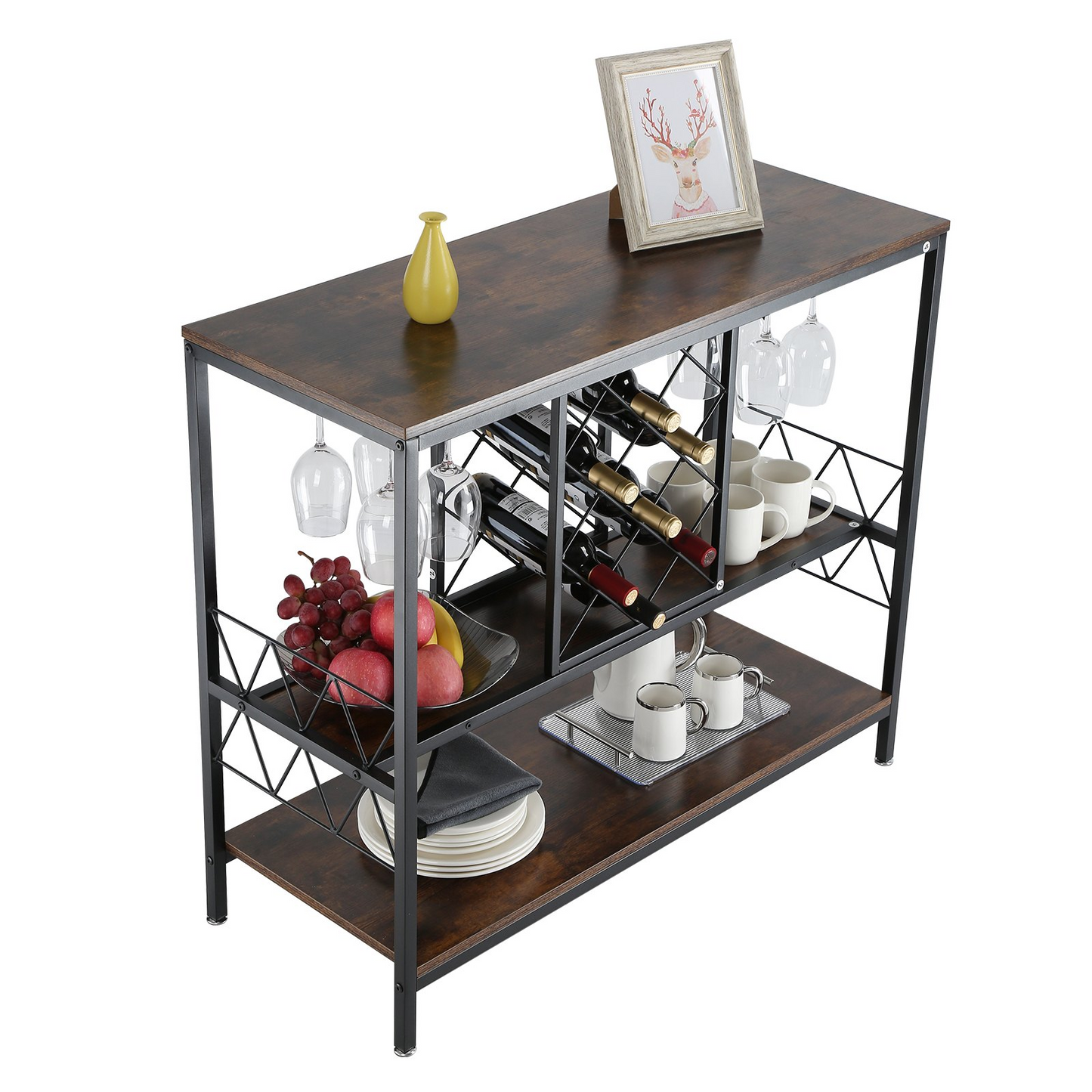 Industrial Bar Cabinet Wine Bar Home Table with Wine Rack & Glass Holder