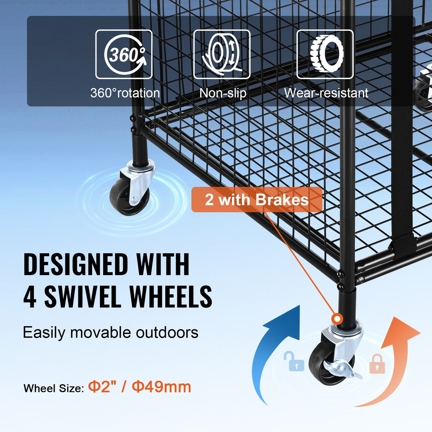 VEVOR Rolling Sports Ball Storage Cart, Lockable Basketball Cage with Elastic Straps, Sport Equipment Holder Organizer for Indoor Outdoor, Steel Storage Rack for Garages, Playgroup, Gym and Schools