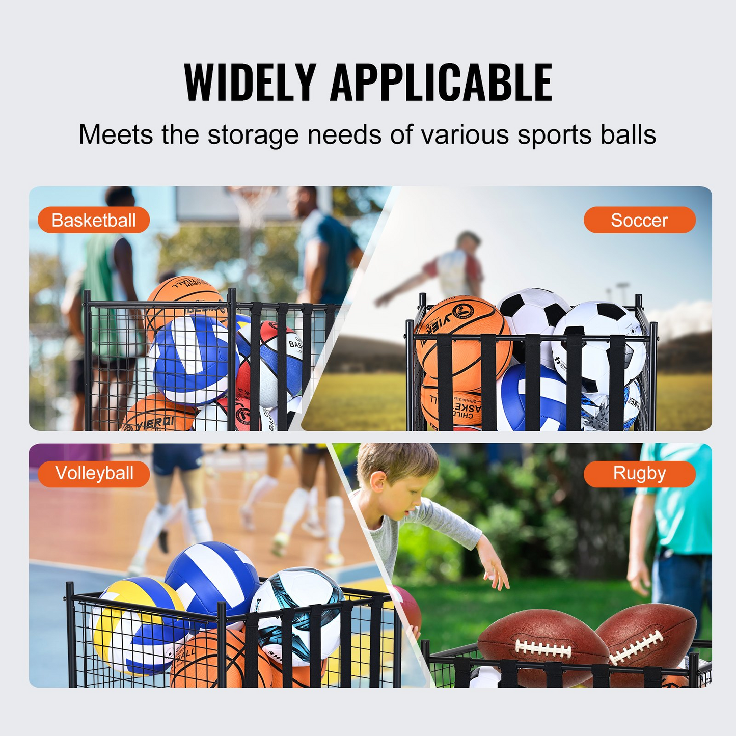 VEVOR Rolling Sports Ball Storage Cart, Lockable Basketball Cage with Elastic Straps, Sport Equipment Holder Organizer for Indoor Outdoor, Steel Storage Rack for Garages, Playgroup, Gym and Schools