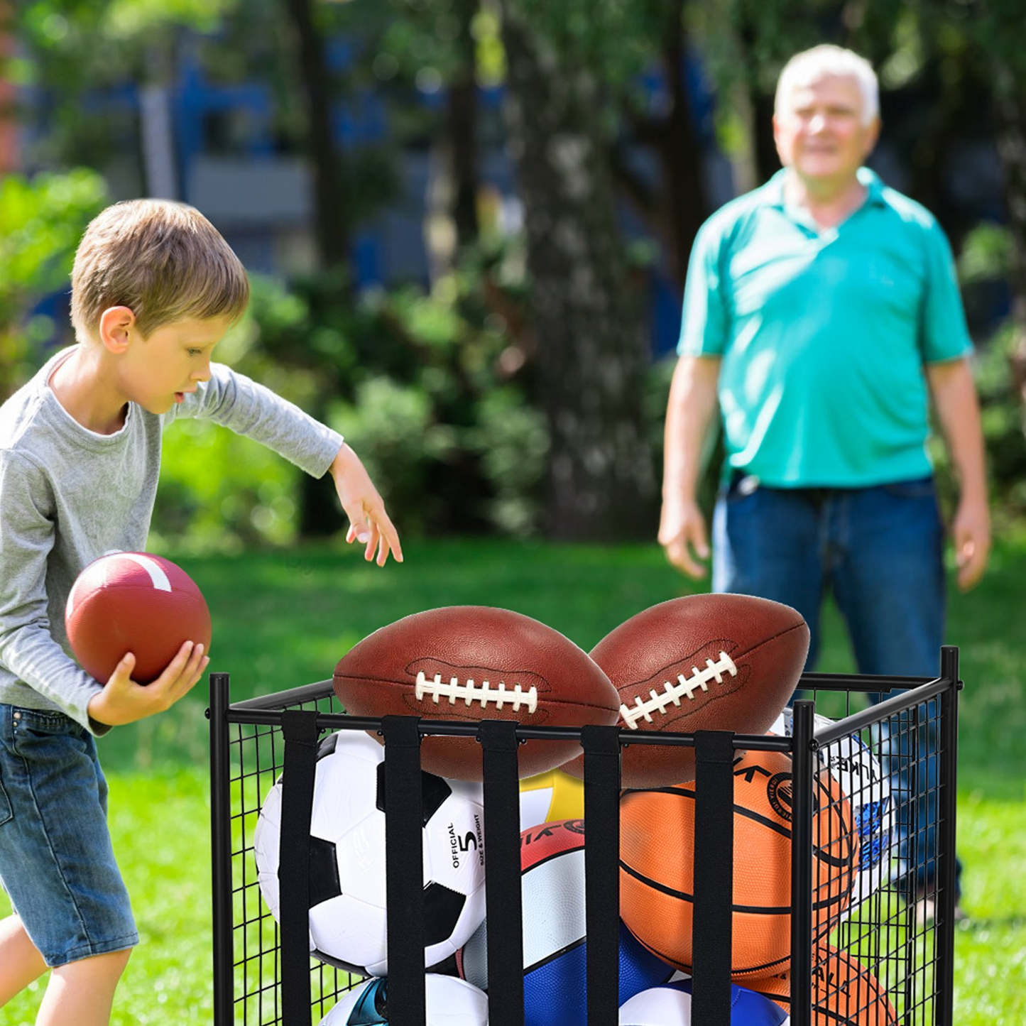 VEVOR Rolling Sports Ball Storage Cart, Lockable Basketball Cage with Elastic Straps, Sport Equipment Holder Organizer for Indoor Outdoor, Steel Storage Rack for Garages, Playgroup, Gym and Schools