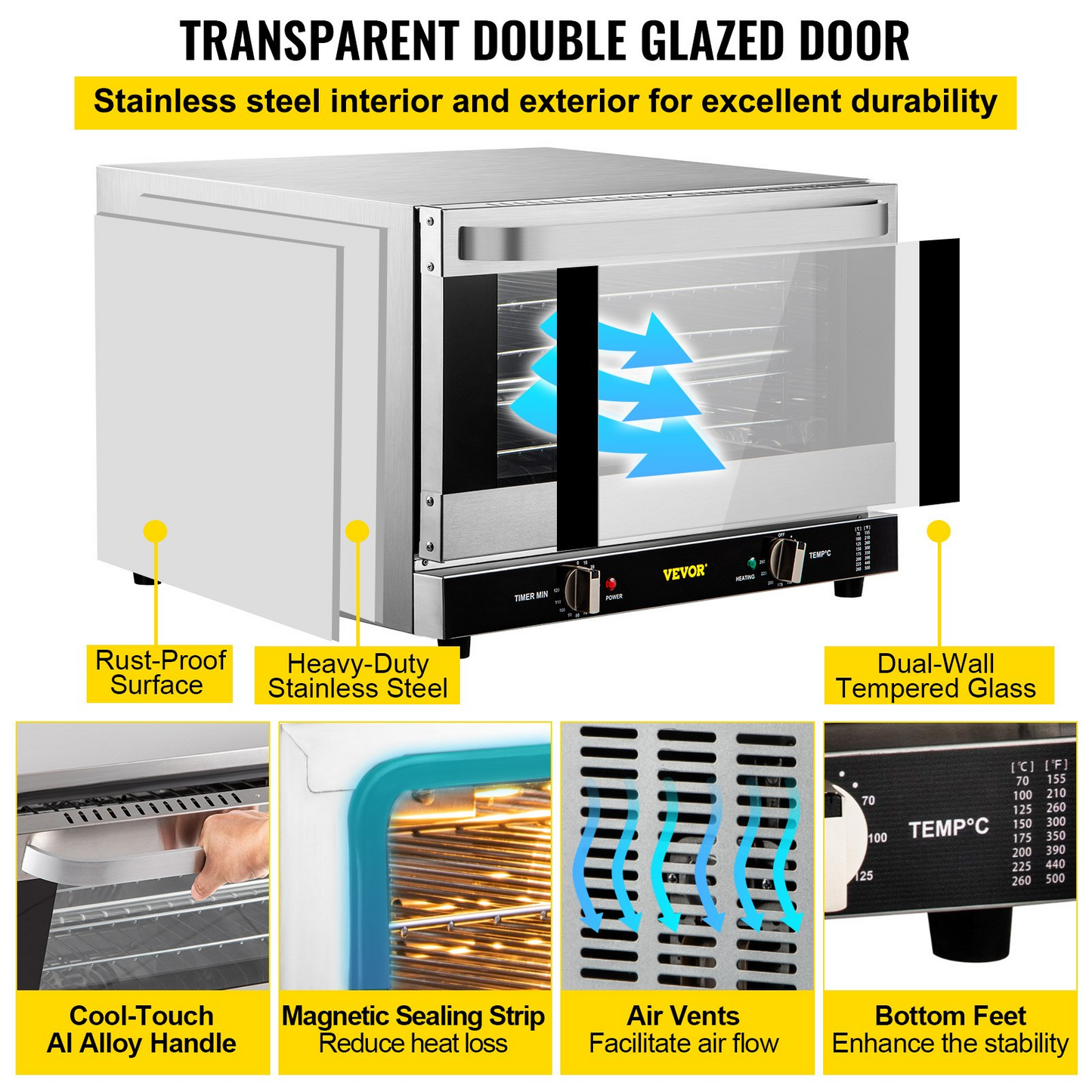 VEVOR Commercial Convection Oven, 66L/60Qt, Half-Size Conventional Oven Countertop, 1800W 4-Tier Toaster w/ Front Glass Door, Electric Baking Oven w/ Trays Wire Racks Clip Gloves, 120V, ETL Listed