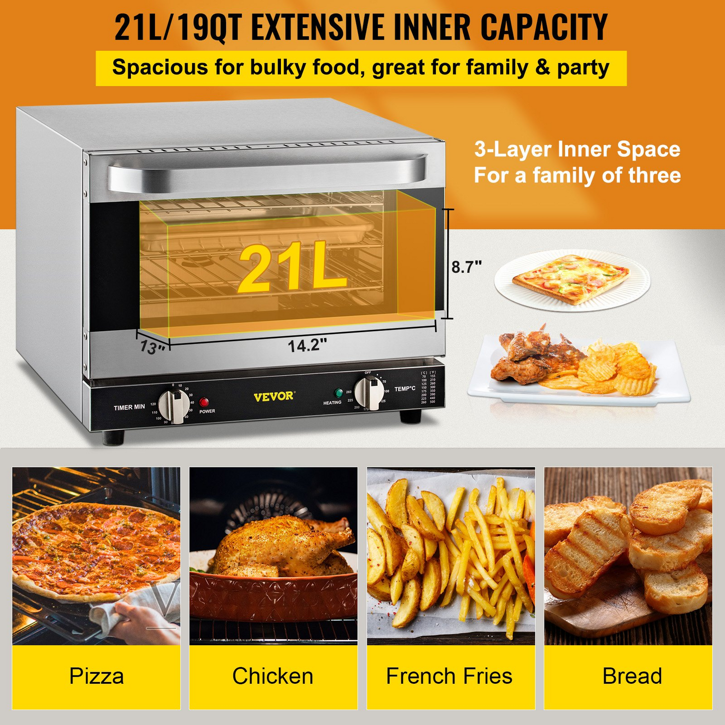 VEVOR Commercial Convection Oven, 21L/19Qt, Quarter-Size Conventional Oven Countertop, 1440W 3-Tier Toaster w/ Front Glass Door, Electric Baking Oven w/ Trays Wire Racks Clip Gloves, 120V, ETL Listed