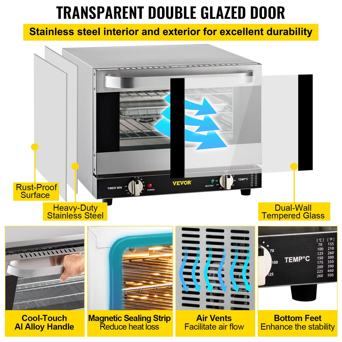 VEVOR Commercial Convection Oven, 21L/19Qt, Quarter-Size Conventional Oven Countertop, 1440W 3-Tier Toaster w/ Front Glass Door, Electric Baking Oven w/ Trays Wire Racks Clip Gloves, 120V, ETL Listed