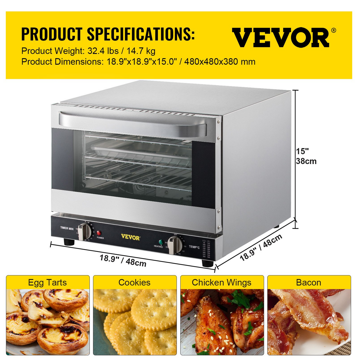 VEVOR Commercial Convection Oven, 21L/19Qt, Quarter-Size Conventional Oven Countertop, 1440W 3-Tier Toaster w/ Front Glass Door, Electric Baking Oven w/ Trays Wire Racks Clip Gloves, 120V, ETL Listed