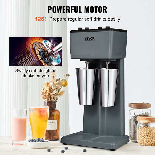 VEVOR Milkshake Maker, 375W x 2 Electric Milkshake Machine, Double Heads Drink Mixer Blender Machine, 3-Speed Milkshake Mixer with 2 x 820 ml Stainless Steel Cups, for Commercial and Home