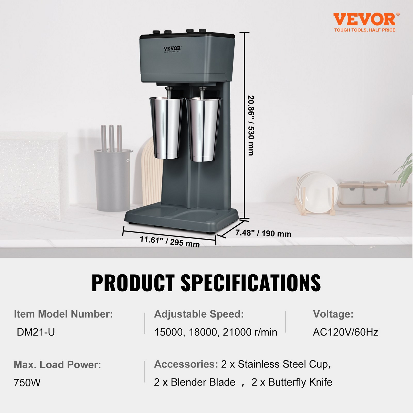 VEVOR Milkshake Maker, 375W x 2 Electric Milkshake Machine, Double Heads Drink Mixer Blender Machine, 3-Speed Milkshake Mixer with 2 x 820 ml Stainless Steel Cups, for Commercial and Home