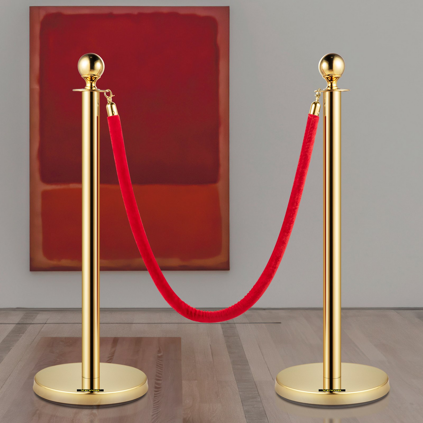 VEVOR Velvet Ropes and Posts, 5 ft/1.5 m Red Rope, Stainless Steel Gold Stanchion with Ball Top, Red Crowd Control Barrier Used for Theaters, Party, Wedding, Exhibition, Ticket Offices 2 Pack Sets