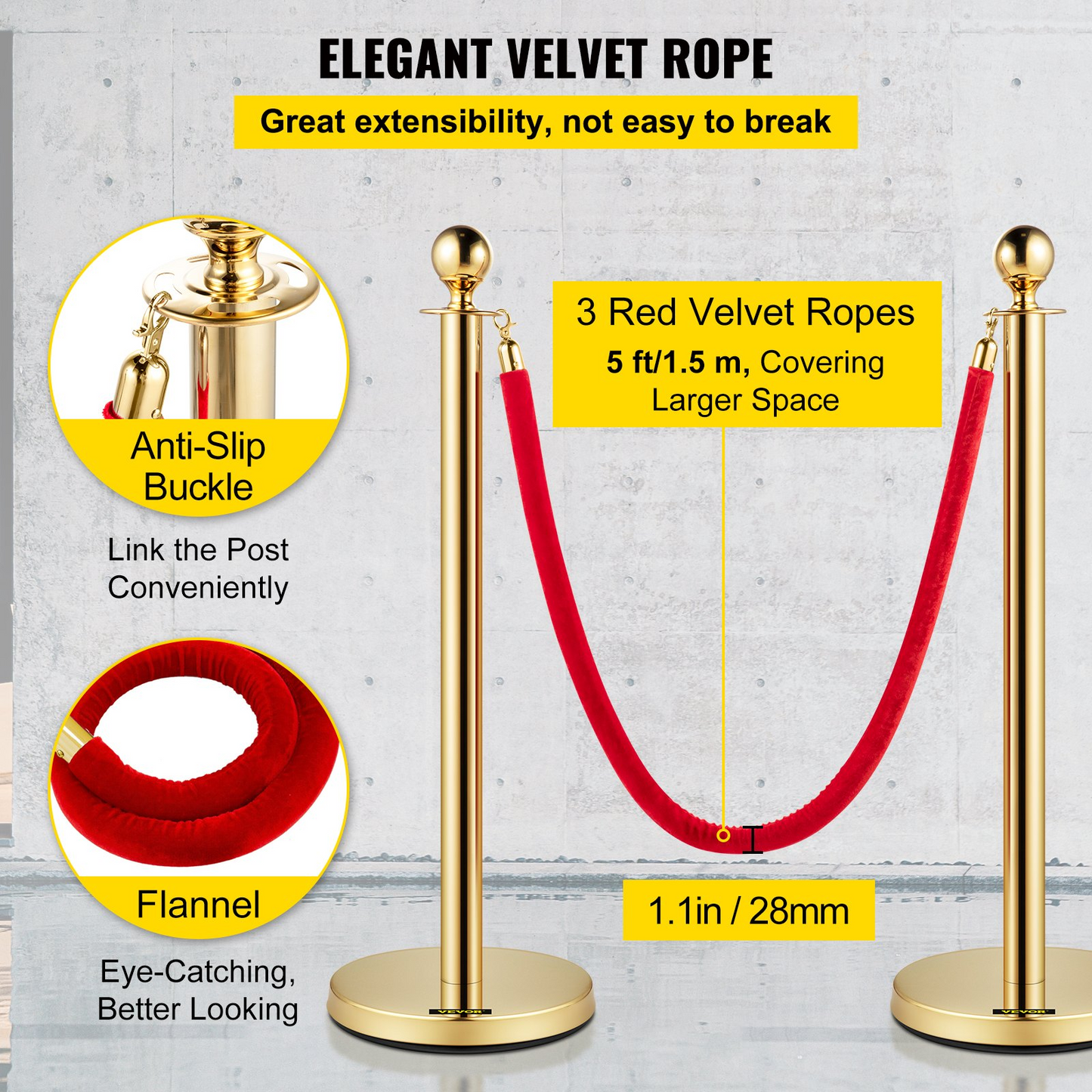 VEVOR Velvet Ropes and Posts, 5 ft/1.5 m Red Rope, Stainless Steel Gold Stanchion with Ball Top, Red Crowd Control Barrier Used for Theaters, Party, Wedding, Exhibition, Ticket Offices Pack Sets (6)