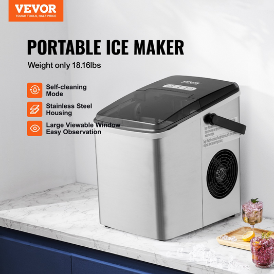 Countertop Ice Maker, 9 Cubes Ready in 7 Mins, 26lbs in 24Hrs, Self-Cleaning Portable Ice Maker with Ice Scoop and Basket, Stainless Steel Ice Machine with 2 Size Bullet Ice for Home Kitchen Bar