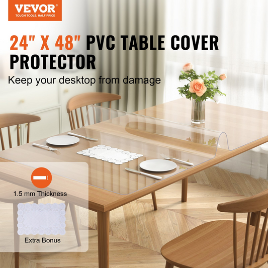 Clear Table Cover Protector, 24" x 48"/613 x 1230.2 mm Table Cover, 1.5 mm Thick PVC Plastic Tablecloth, Waterproof Desktop Protector for Writing Desk, Coffee Table, Dining Room Table