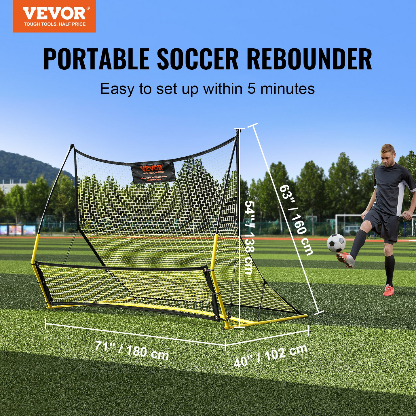 Soccer Trainer, 2-IN-1 Portable Soccer Rebounder Net, 71"x40" Iron Soccer Practice Equipment, Sports Football Rebounder Wall with Portable Bag, Perfect for Team Solo Training, Passing, Volley