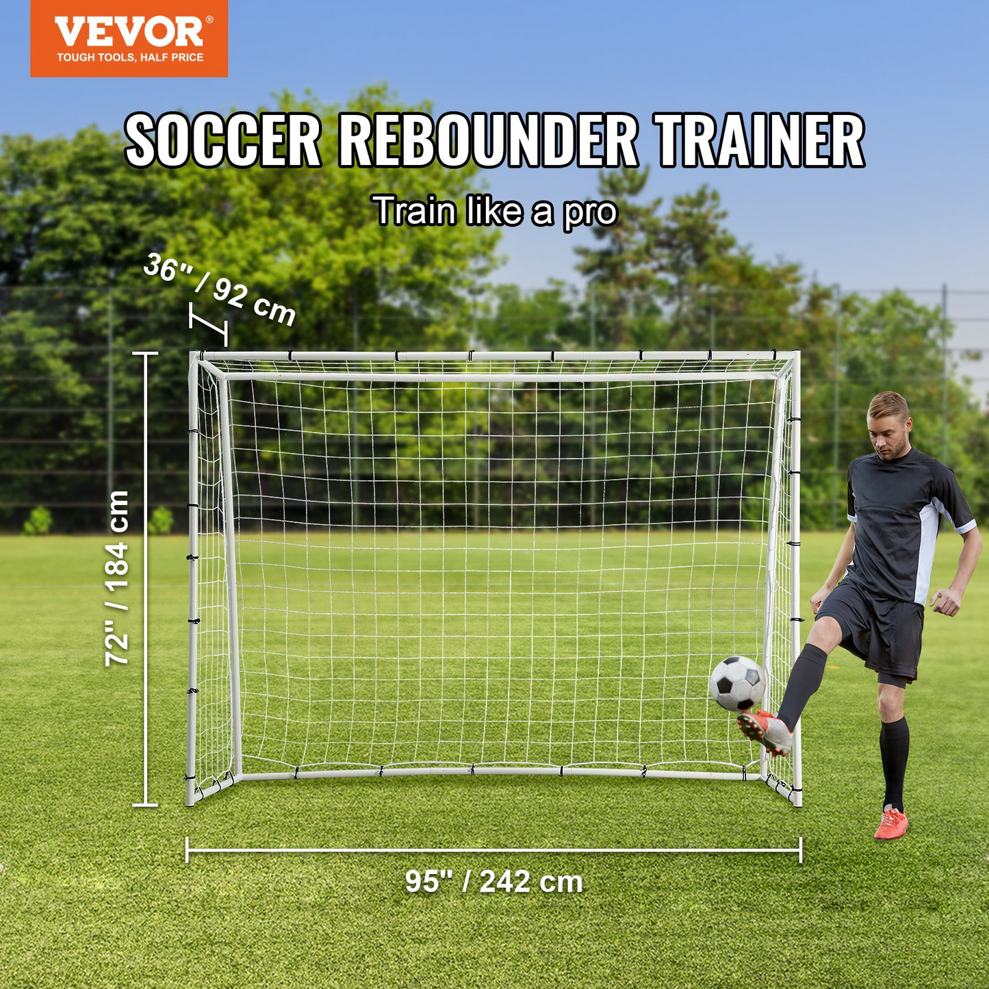 Soccer Rebound Trainer, 8x6FT Iron Soccer Training Equipment, Sports Football Rebounder Wall with Double-Sided Rebounding Net & Goal, Perfect for Backyard Practicing, Solo Training, Passing