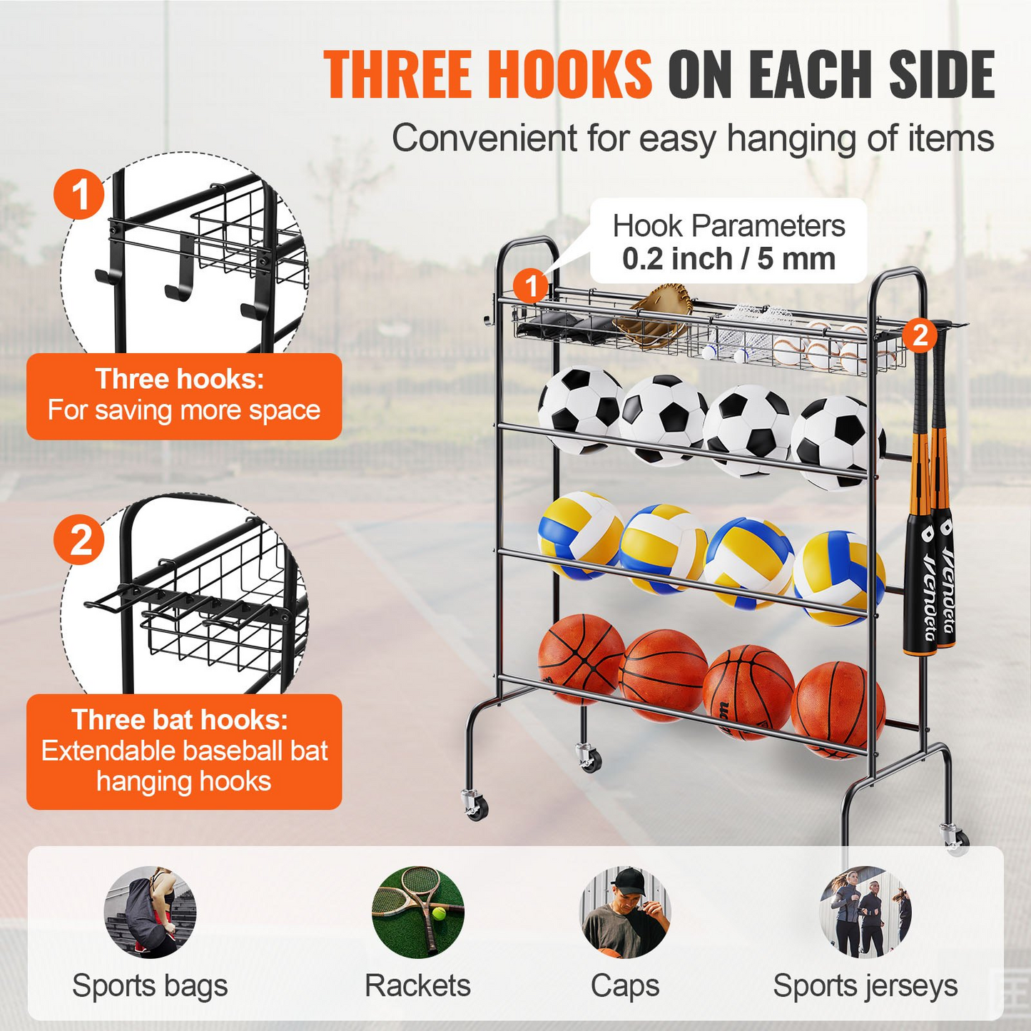 VEVOR Basketball Rack, 4-Layers Rolling Basketball Shooting Training Stand, Sports Equipment Storage Organizer with Wheels, Hooks and Baskets, Garage Ball Storage Holder for Football Soccer Volleyball