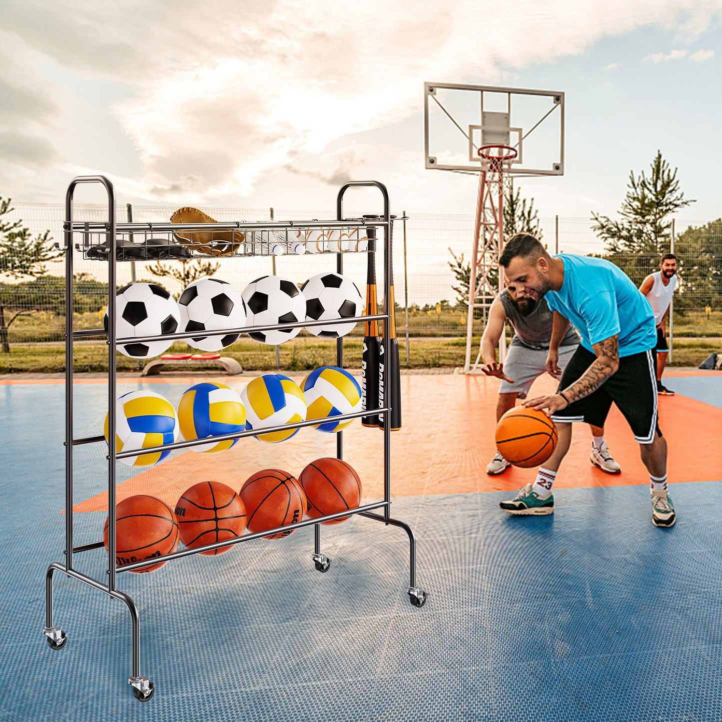 VEVOR Basketball Rack, 4-Layers Rolling Basketball Shooting Training Stand, Sports Equipment Storage Organizer with Wheels, Hooks and Baskets, Garage Ball Storage Holder for Football Soccer Volleyball