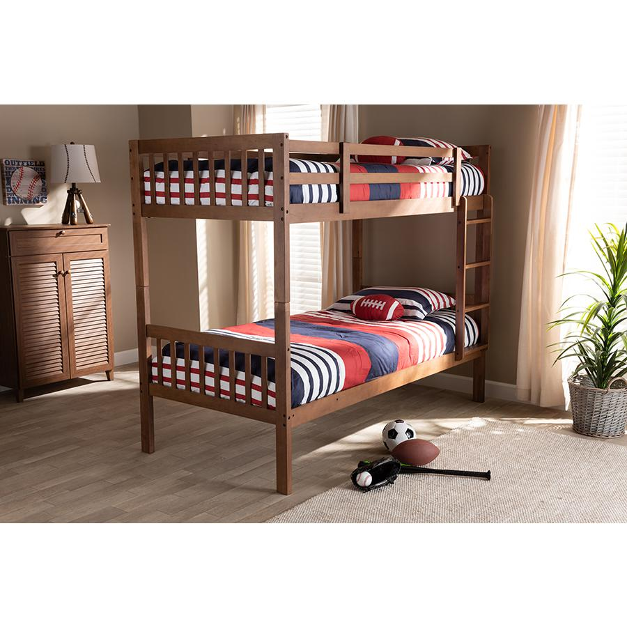 Jude Modern and Contemporary Walnut Brown Finished Wood Twin Size Bunk Bed