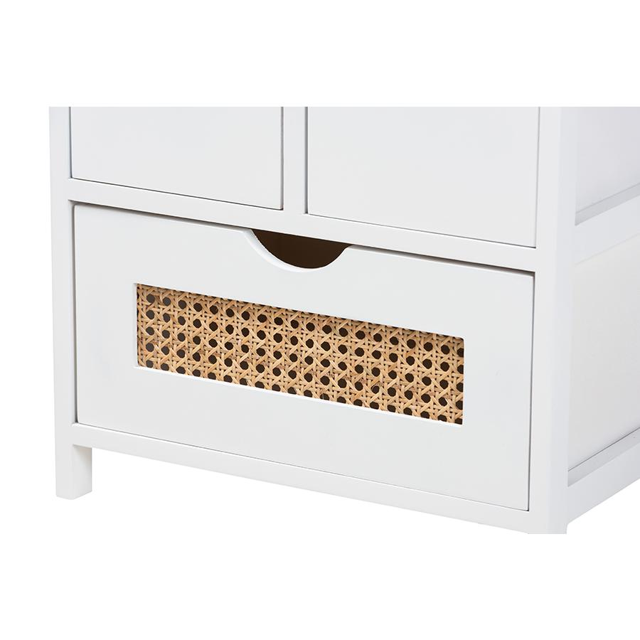 White Finished Wood 3-Drawer Storage Bench with Natural Rattan