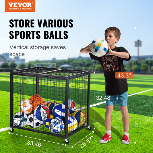 VEVOR Rolling Sports Ball Storage Cart, Lockable Basketball Cage with Double Lids, Sport Equipment Holder Organizer for Indoor Outdoor, Steel Storage Rack for Garages, Playgroup, Gym and Schools