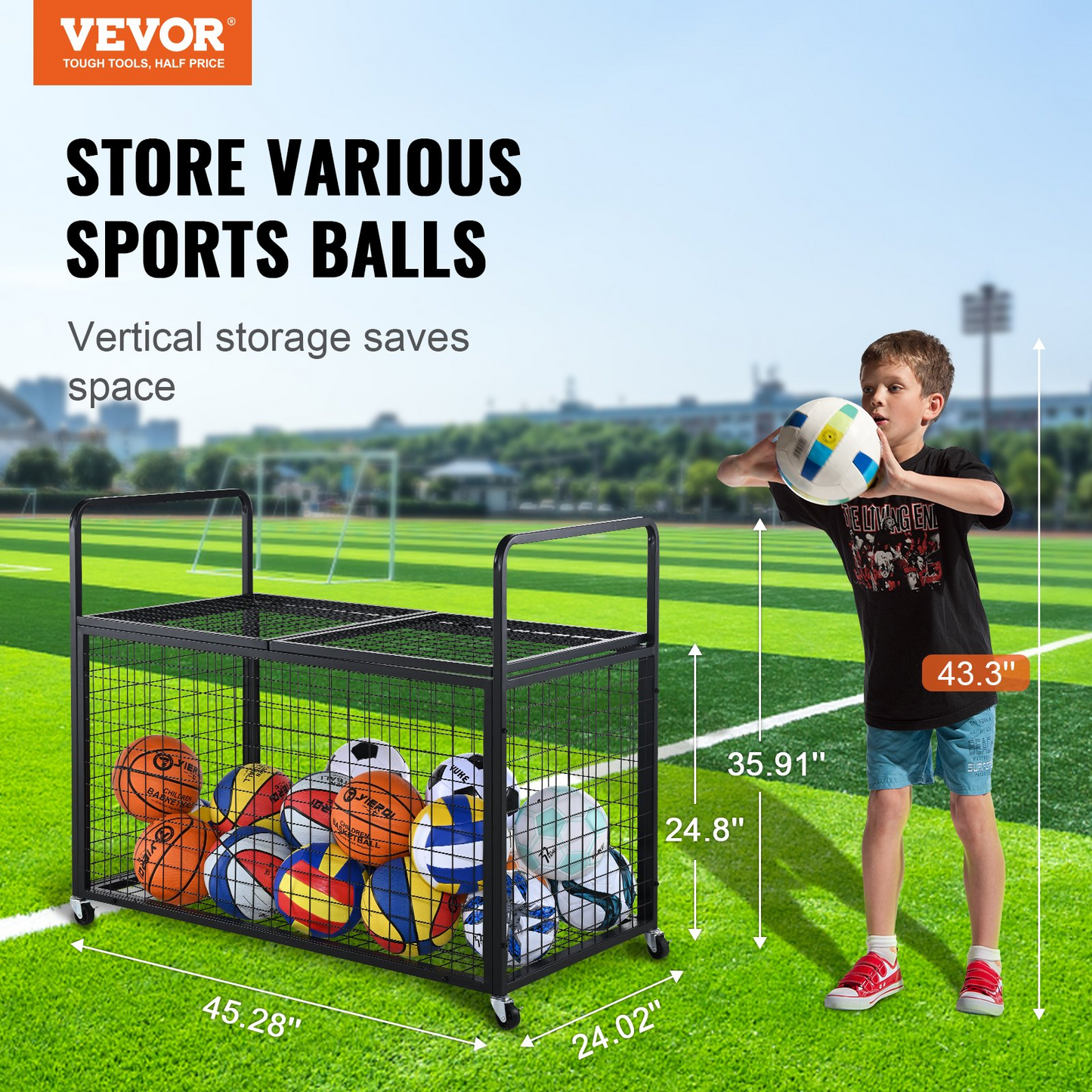 VEVOR Rolling Sports Ball Storage Cart, Lockable Basketball Cage with Double Lids, Sport Equipment Holder Organizer for Indoor Outdoor, Steel Storage Rack for Garages, Playgroup, Gym and Schools