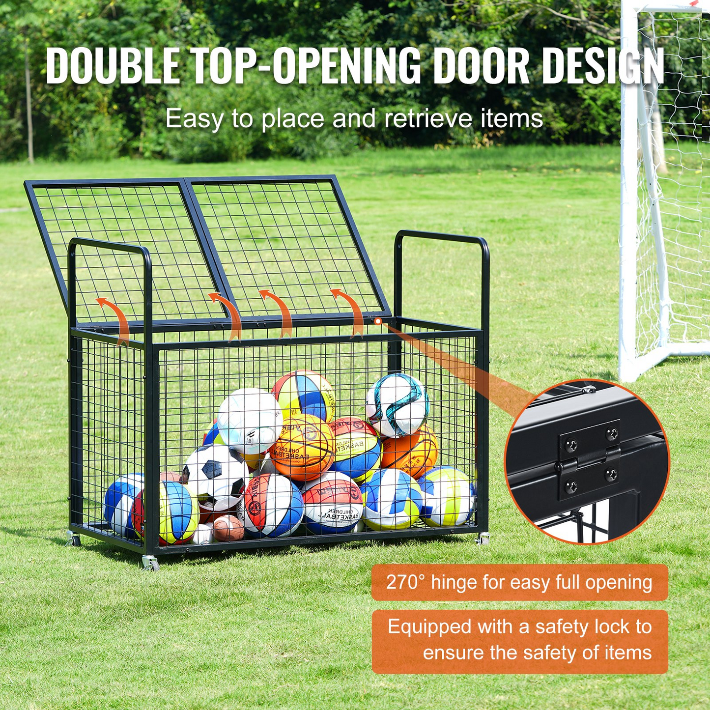 VEVOR Rolling Sports Ball Storage Cart, Lockable Basketball Cage with Double Lids, Sport Equipment Holder Organizer for Indoor Outdoor, Steel Storage Rack for Garages, Playgroup, Gym and Schools