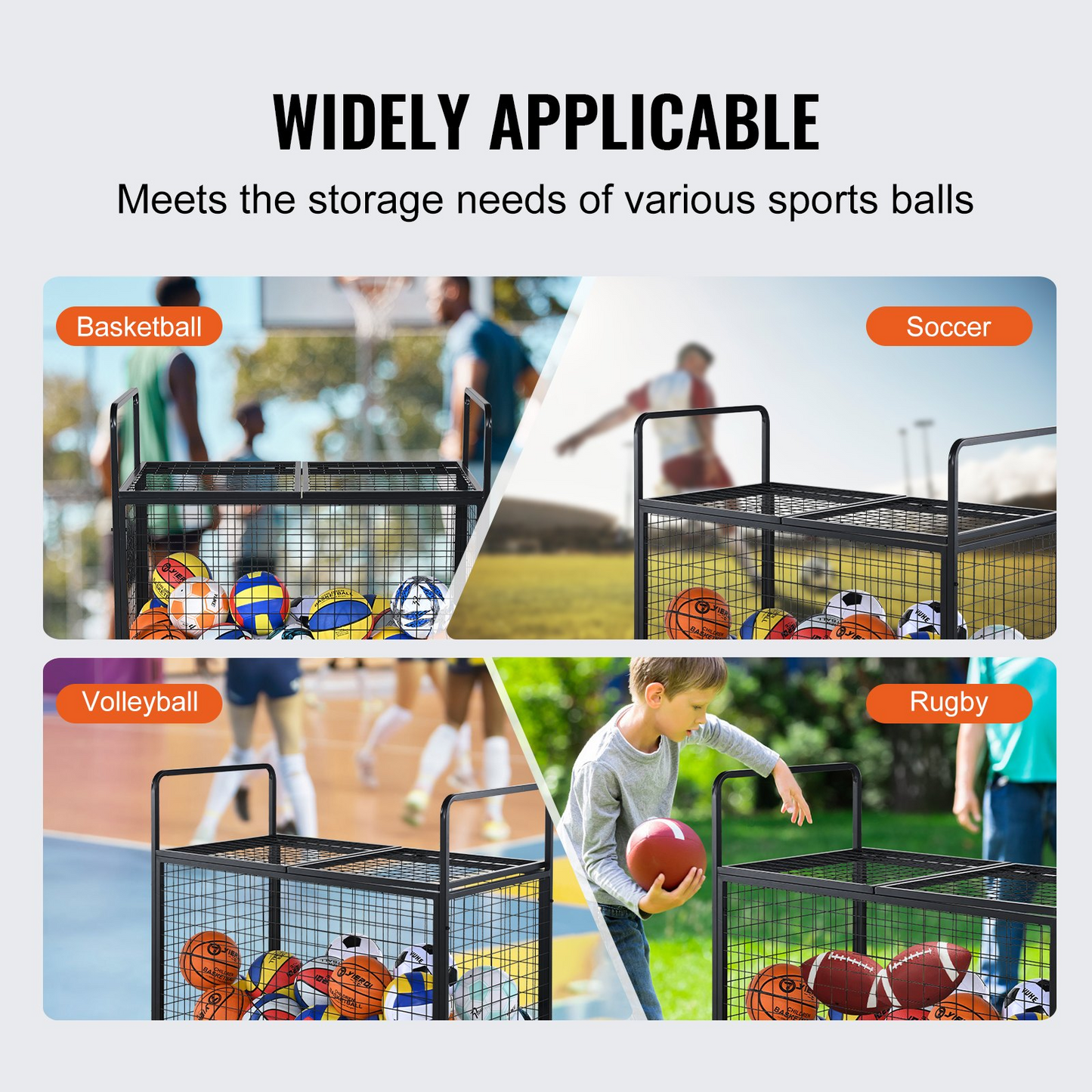 VEVOR Rolling Sports Ball Storage Cart, Lockable Basketball Cage with Double Lids, Sport Equipment Holder Organizer for Indoor Outdoor, Steel Storage Rack for Garages, Playgroup, Gym and Schools