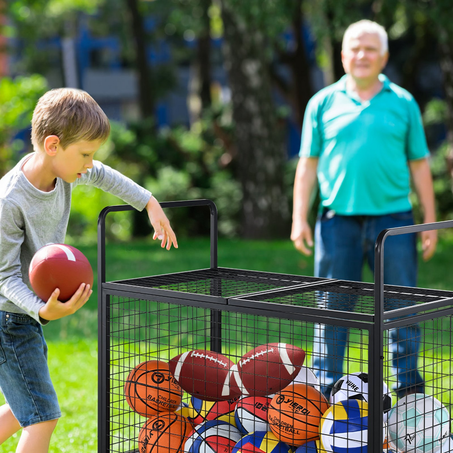 VEVOR Rolling Sports Ball Storage Cart, Lockable Basketball Cage with Double Lids, Sport Equipment Holder Organizer for Indoor Outdoor, Steel Storage Rack for Garages, Playgroup, Gym and Schools