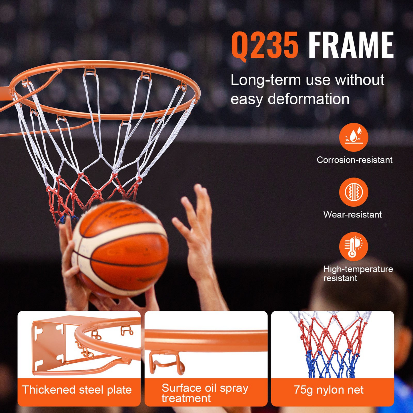 VEVOR Basketball Rim, Wall Door Mounted Basketball Hoop, Heavy Duty Q235 Basketball Flex Rim Goal Replacement with Net, Standard 18" Indoor and Outdoor Hanging Basketball Hoop for Kids Adults