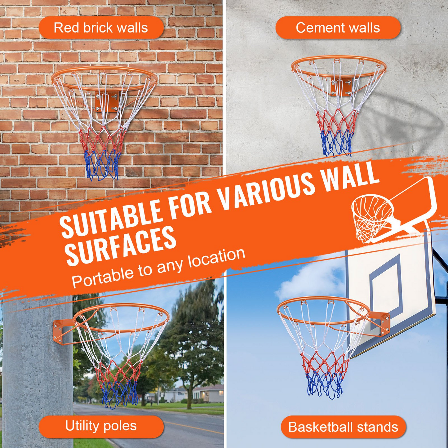 VEVOR Basketball Rim, Wall Door Mounted Basketball Hoop, Heavy Duty Q235 Basketball Flex Rim Goal Replacement with Net, Standard 18" Indoor and Outdoor Hanging Basketball Hoop for Kids Adults