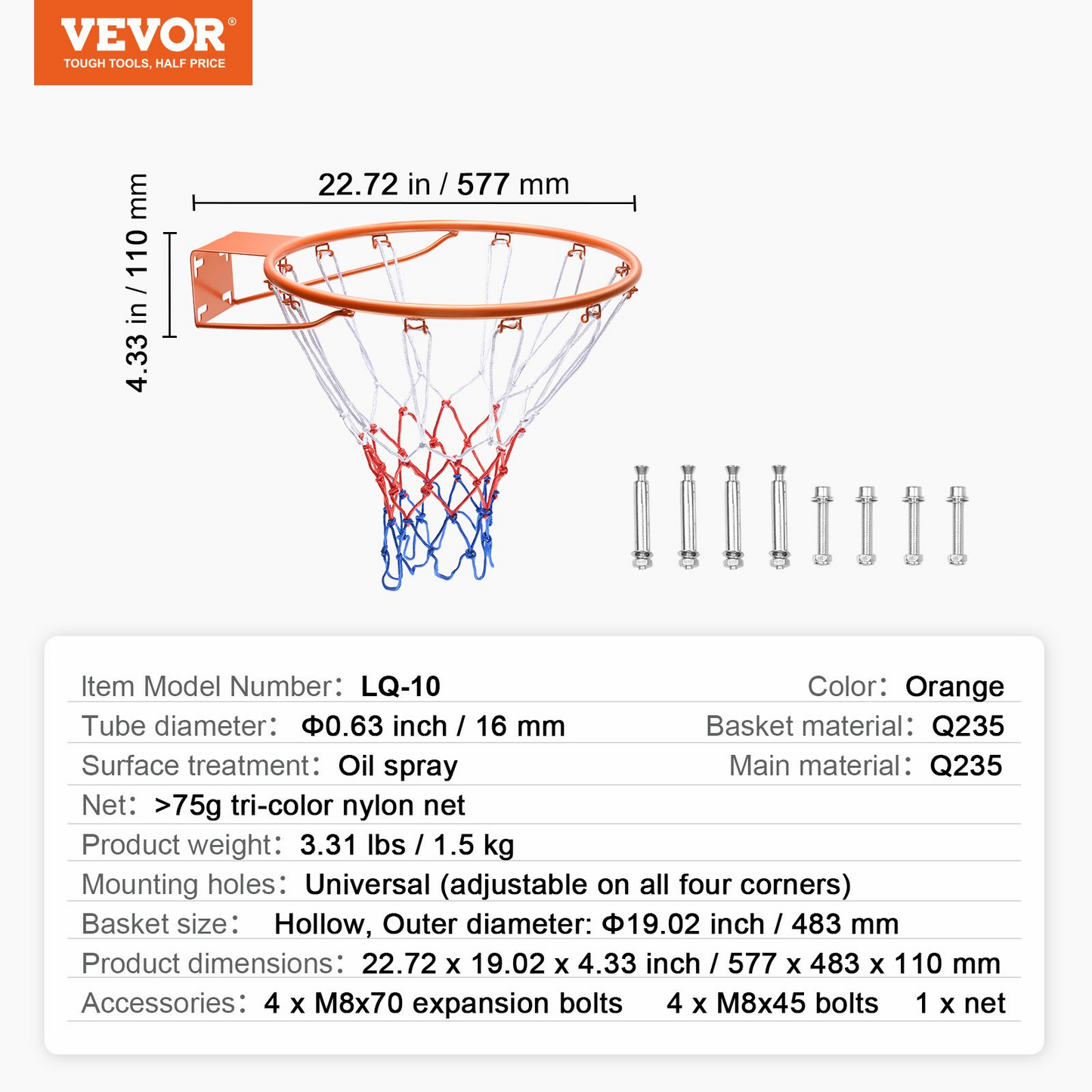 VEVOR Basketball Rim, Wall Door Mounted Basketball Hoop, Heavy Duty Q235 Basketball Flex Rim Goal Replacement with Net, Standard 18" Indoor and Outdoor Hanging Basketball Hoop for Kids Adults