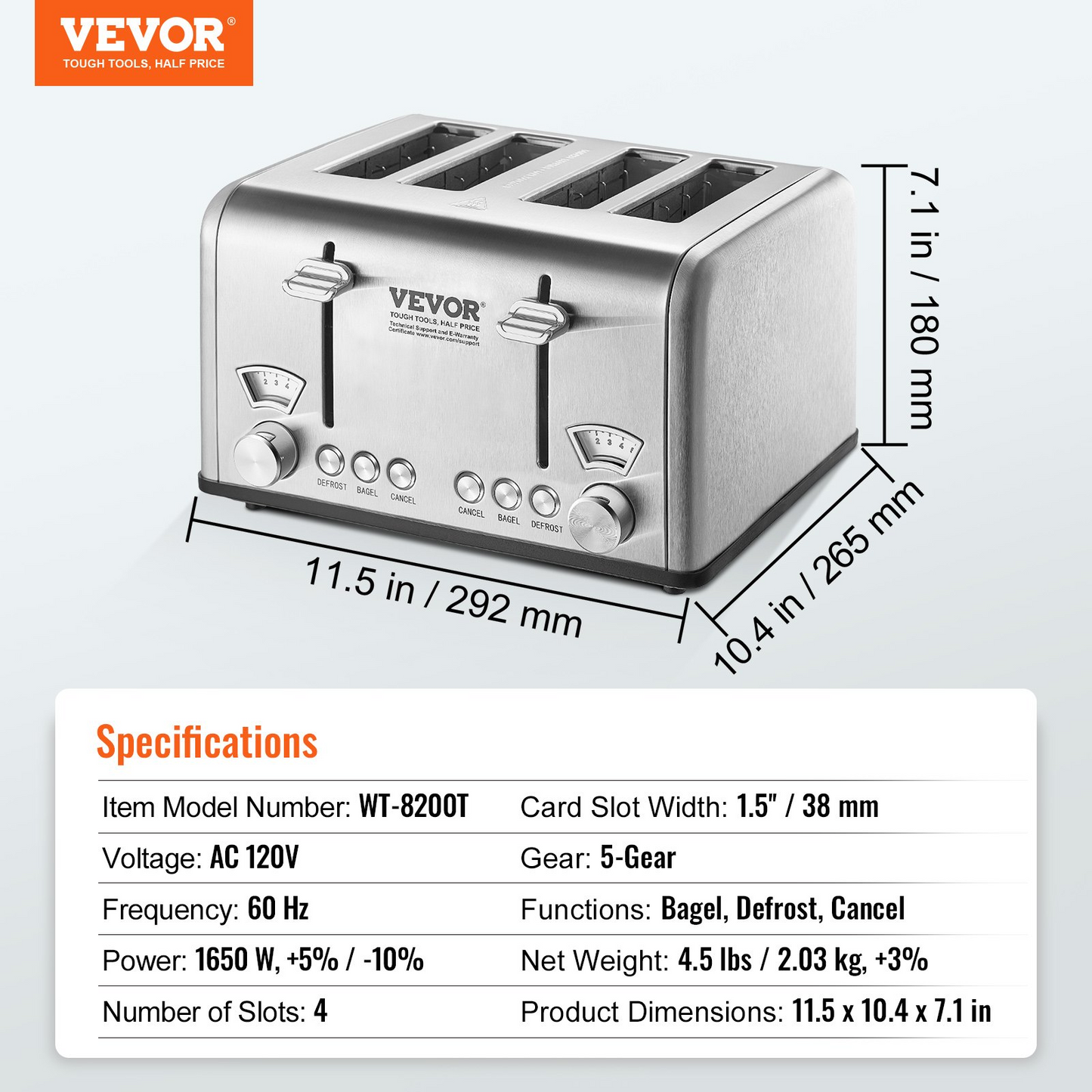 VEVOR Retro Stainless Steel Toaster, 4 Slice, 1625W 1.5'' Extra Wide Slots Toaster with Removable Crumb Tray 6 Browning Level, Reheat Cancel Defrost and Bagel Functions for Toasting Bread Bagel Waffle