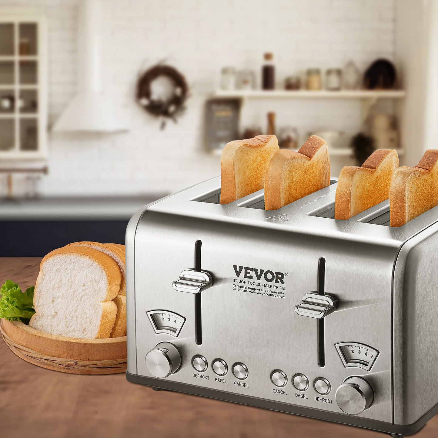 VEVOR Retro Stainless Steel Toaster, 4 Slice, 1625W 1.5'' Extra Wide Slots Toaster with Removable Crumb Tray 6 Browning Level, Reheat Cancel Defrost and Bagel Functions for Toasting Bread Bagel Waffle