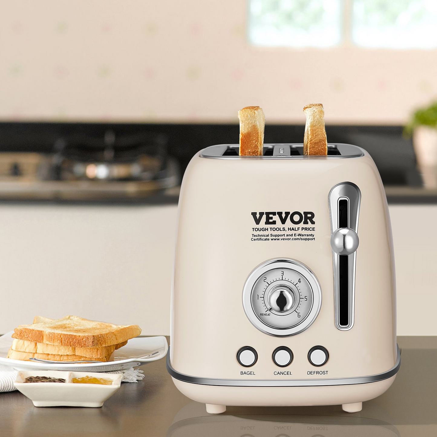 VEVOR Brushed Stainless Steel Toaster, 2 Slice, 825W 1.5'' Extra Wide Slots Toaster with Removable Crumb Tray 5 Browning Levels, Cancel Defrost and Bagel Functions for Toasting Bread Bagel Waffle