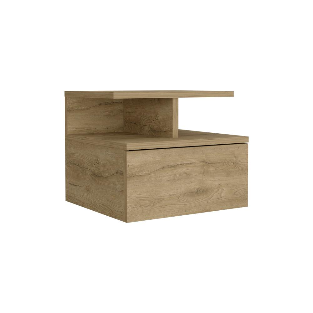 Nightstand, Wall Mounted with Single Drawer and 2-Tier Shelf, Macadamia