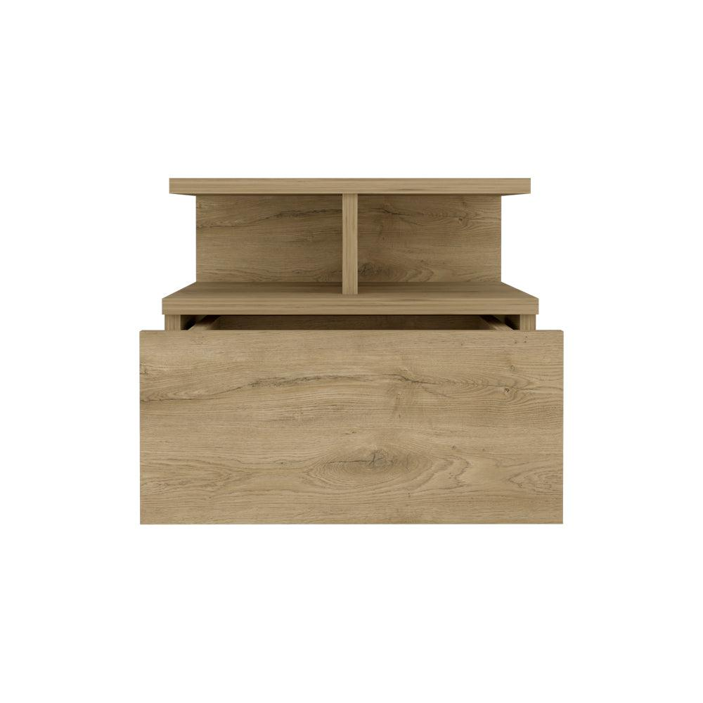 Nightstand, Wall Mounted with Single Drawer and 2-Tier Shelf, Macadamia