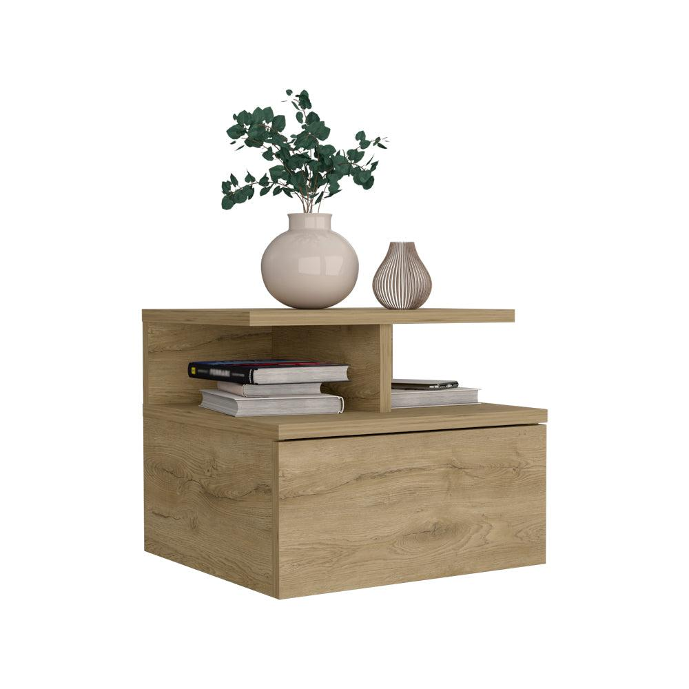 Nightstand, Wall Mounted with Single Drawer and 2-Tier Shelf, Macadamia