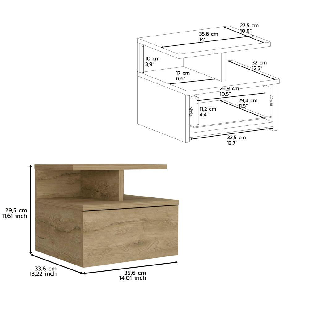 Nightstand, Wall Mounted with Single Drawer and 2-Tier Shelf, Macadamia