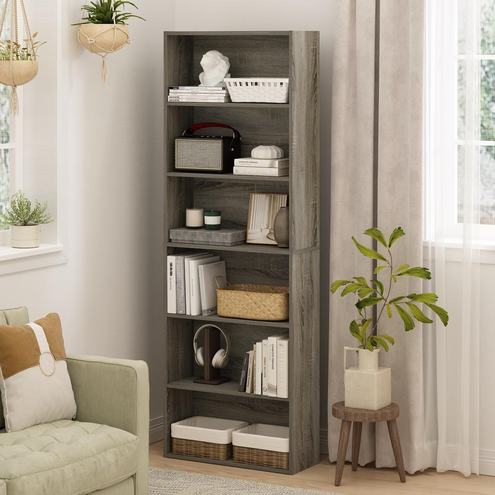 Free Standing 6-Tier Open Storage Bookcase, French Oak