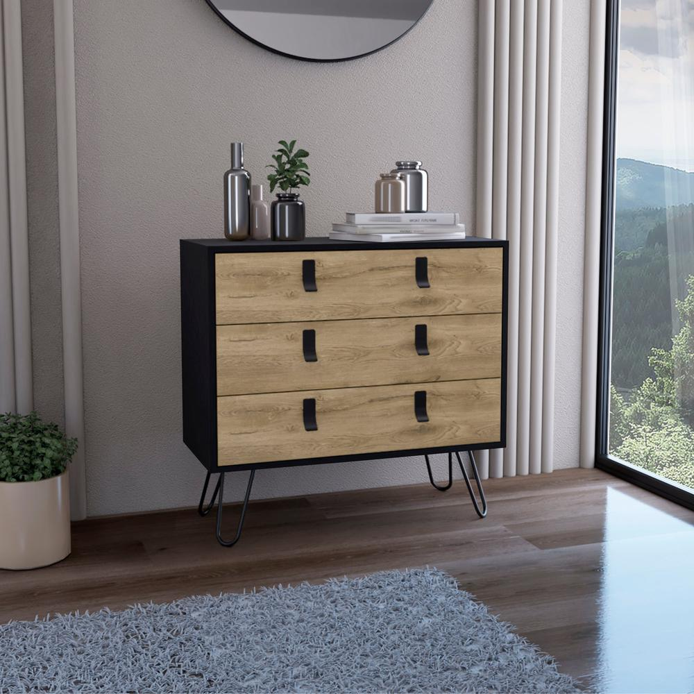 3-Drawer Dresser, Modern Chest of Drawers with Hairpin Legs and Metal Accents