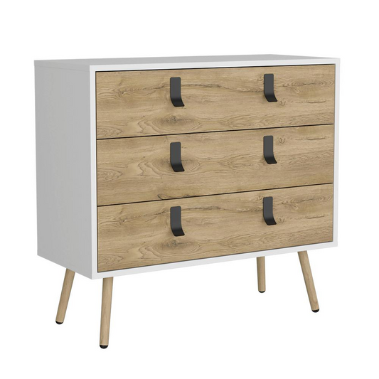 Toka 3 Drawers Dresser with Handles and Wooden Legs, White / Macadamia -Bedroom