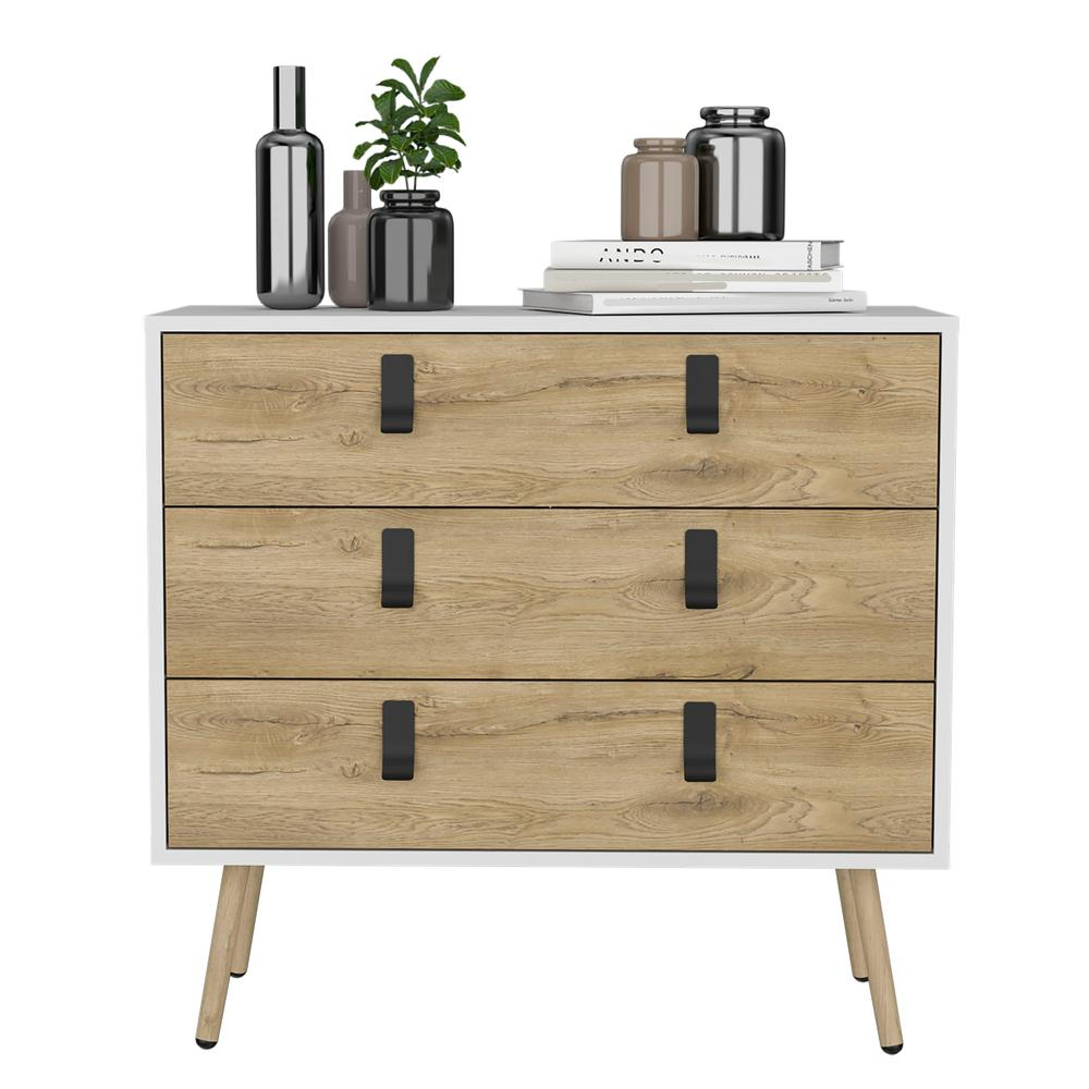 Toka 3 Drawers Dresser with Handles and Wooden Legs, White / Macadamia -Bedroom