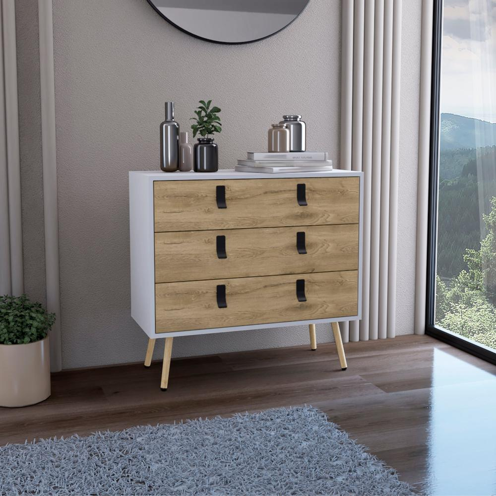 Toka 3 Drawers Dresser with Handles and Wooden Legs, White / Macadamia -Bedroom