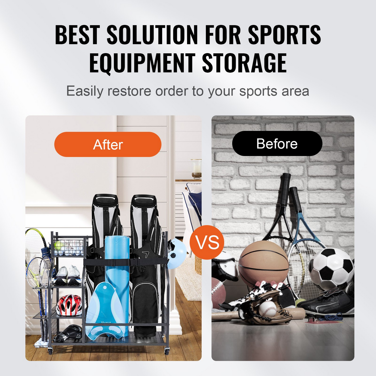 Golf Storage Garage Organizer, 2 Golf Bag Stand Holder and Other Sports Equipment Storage Rack, Rolling Ball Cart on Wheels, Outdoor Sport Gear and Toy Storage with Baskets & Hooks, Steel, Black