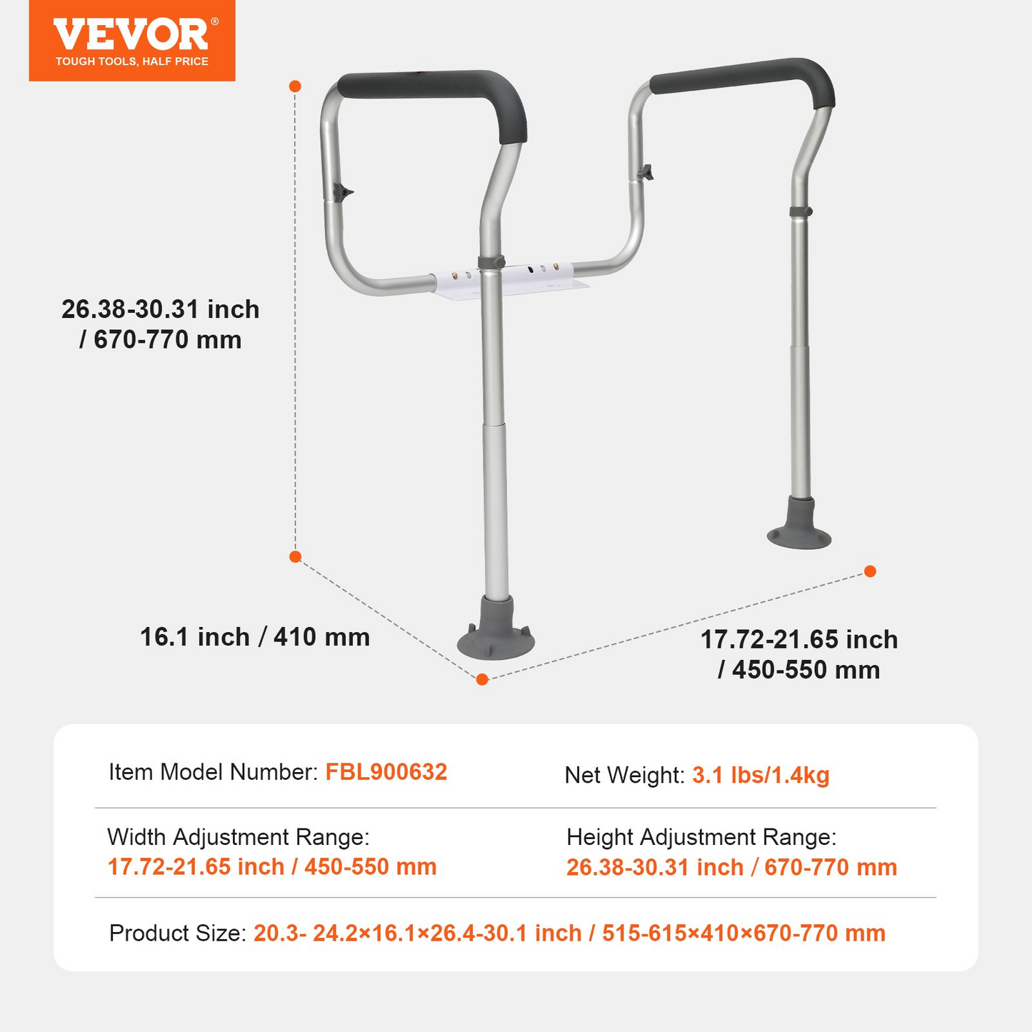 Toilet Safety Rail, Bathroom Toilet Seat Frame, Adjustable Width & Height Fit Most Toilets, Supports 300lbs, Toilet Handles Grab Bars with Padded Armrests for Handicap, Disabled, Seniors