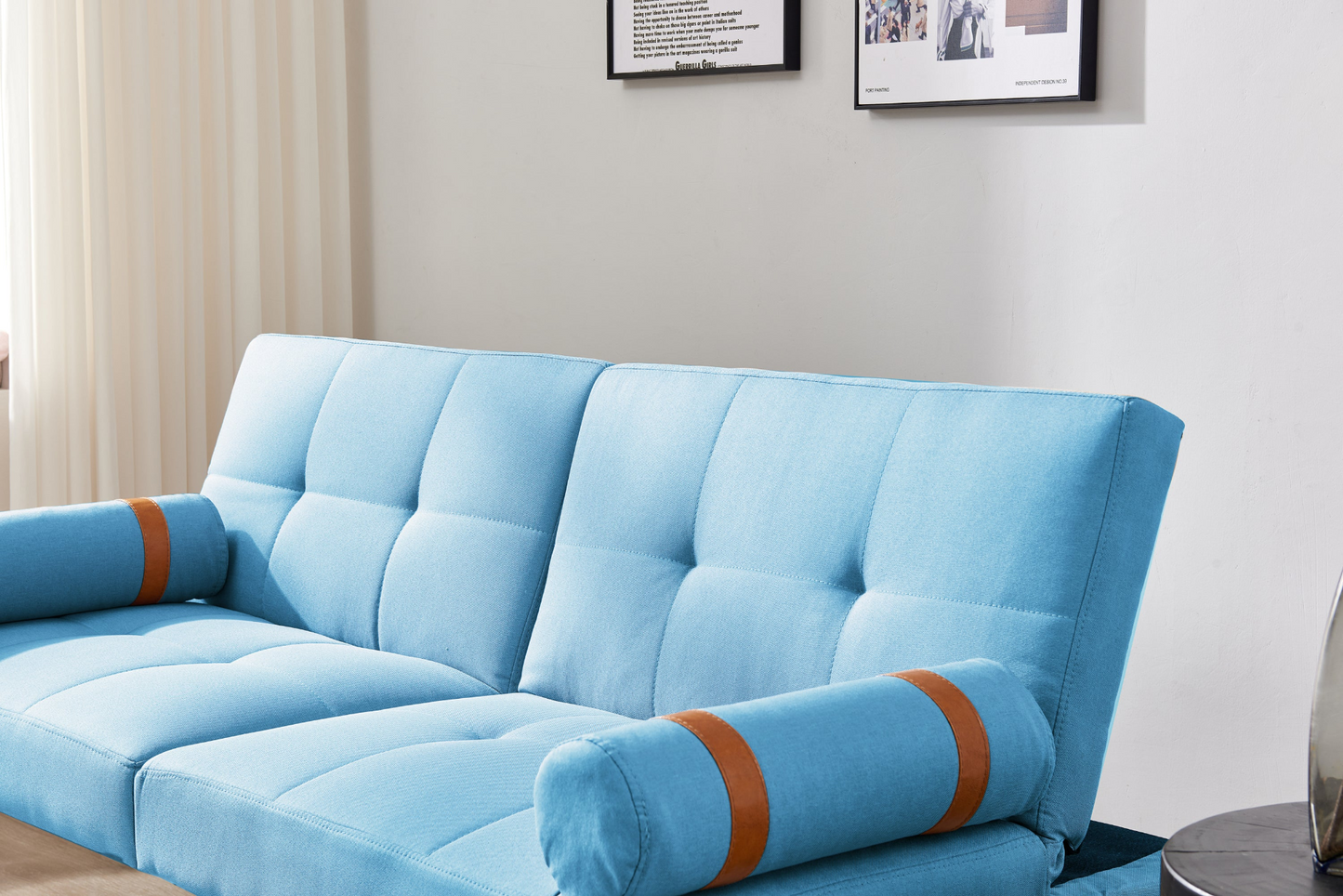 Convertible Sofa Bed Futon with Solid Wood Legs Linen Fabric Blue